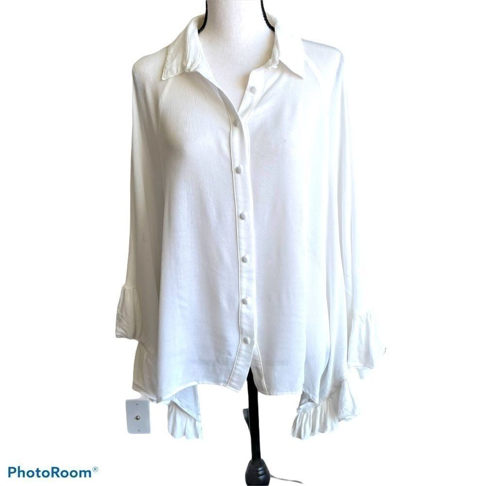 Newbury Kustom White Ruffled Sleeve Blouse, Medium